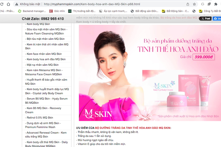 Cẩn trọng với website giả danh MQ Skin quảng cáo mỹ phẩm như 