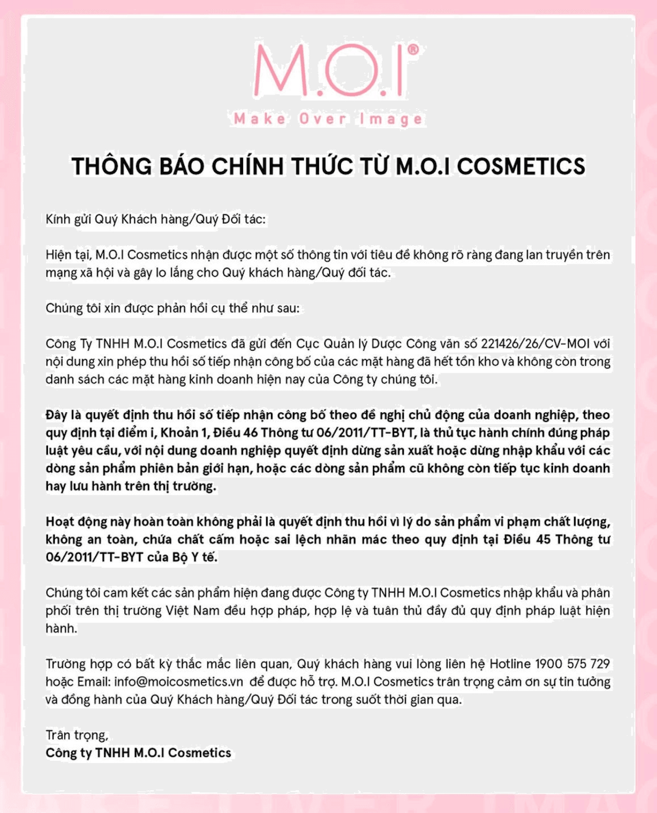 Thu hồi 40 số công bố mỹ phẩm M.O.I Cosmetics: Dừng kinh doanh không có nghĩa là hết trách nhiệm!