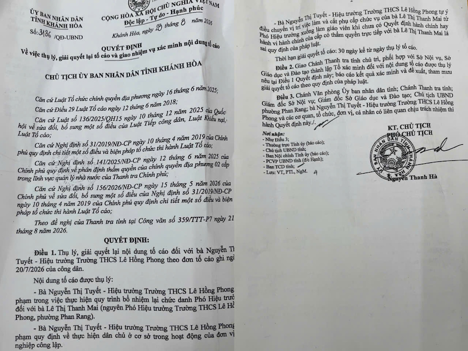 Khánh Hòa: Thụ lý lại vụ tố cáo Hiệu trưởng trường Lê Hồng Phong hạ chức cấp dưới