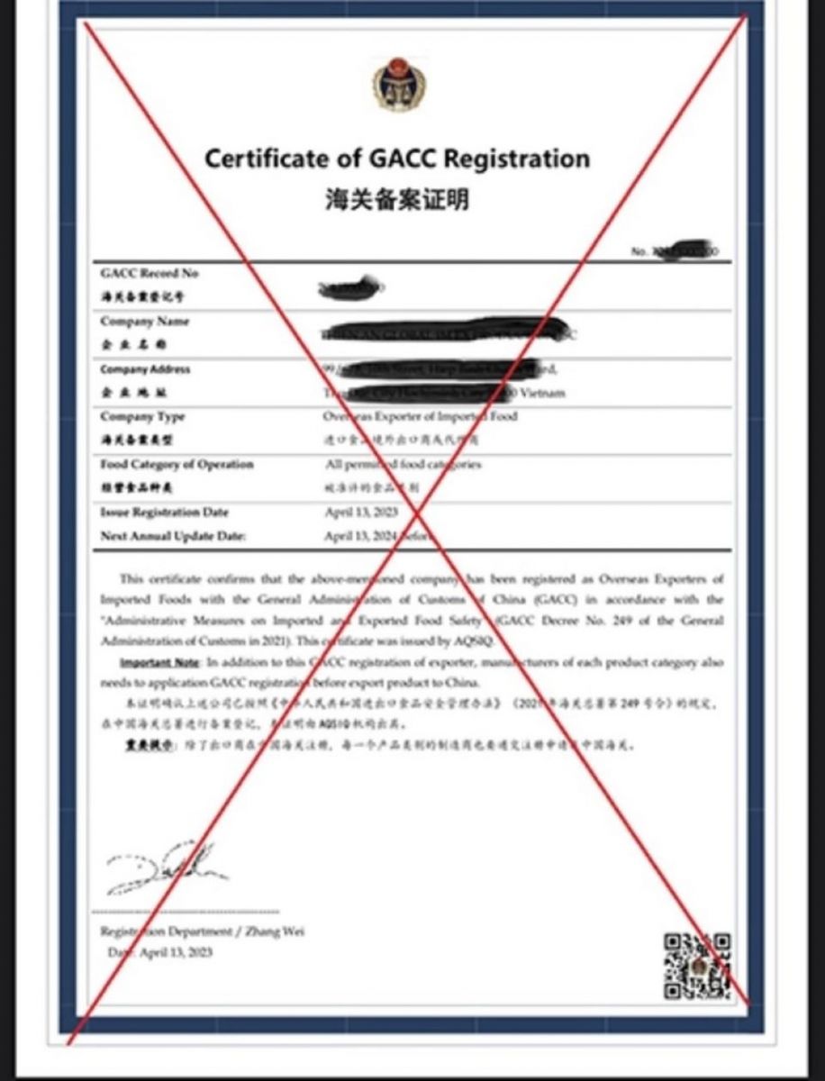 Giấy chứng nhận đăng ký của Tổng cục Hải quan Trung Quốc - Certificate of GACC Registration