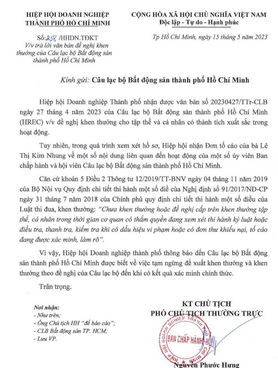 Hiệp hội Doanh nghiệp TP Hồ Chí Minh thông báo tạm ngừng đề xuất khen thưởng và khen thưởng theo đề nghị của Câu lạc bộ Bất động sản TP Hồ Chí Minh 