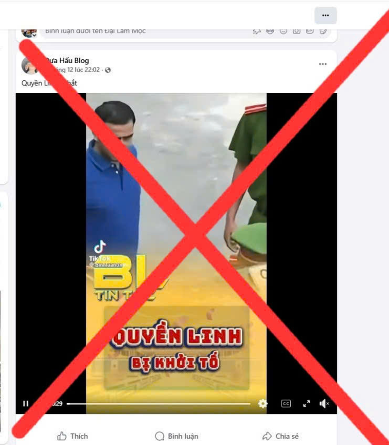 Thông tin sai sự thật về bắt MC Quyền Linh trên mạng xã hội. Ảnh Công an cung cấp